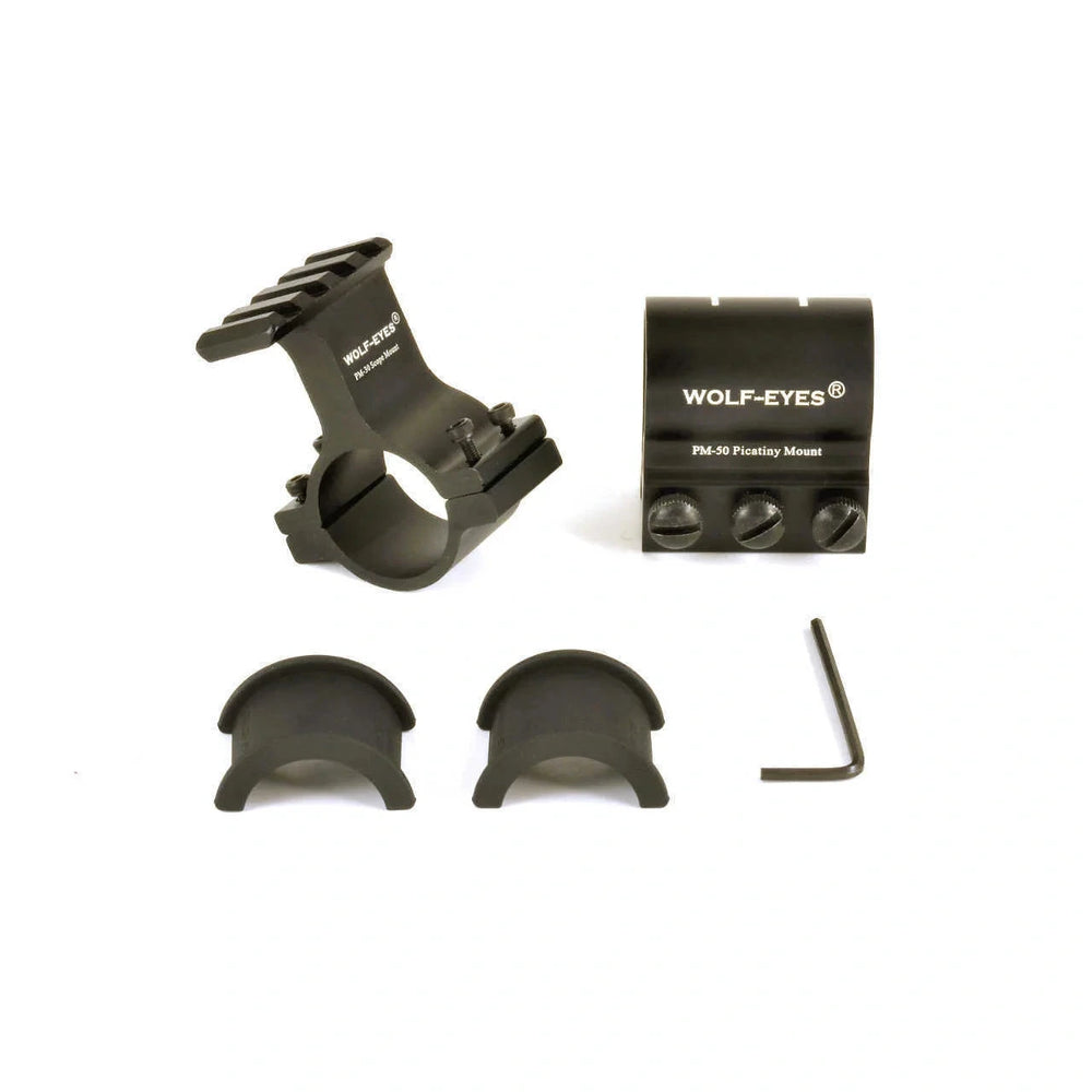 Seal Picatinny Rail Mount set with torch clamp, rail adapter, inserts, and hex key for mounting Seal LED  Torch. Ideal for tactical flashlight use.